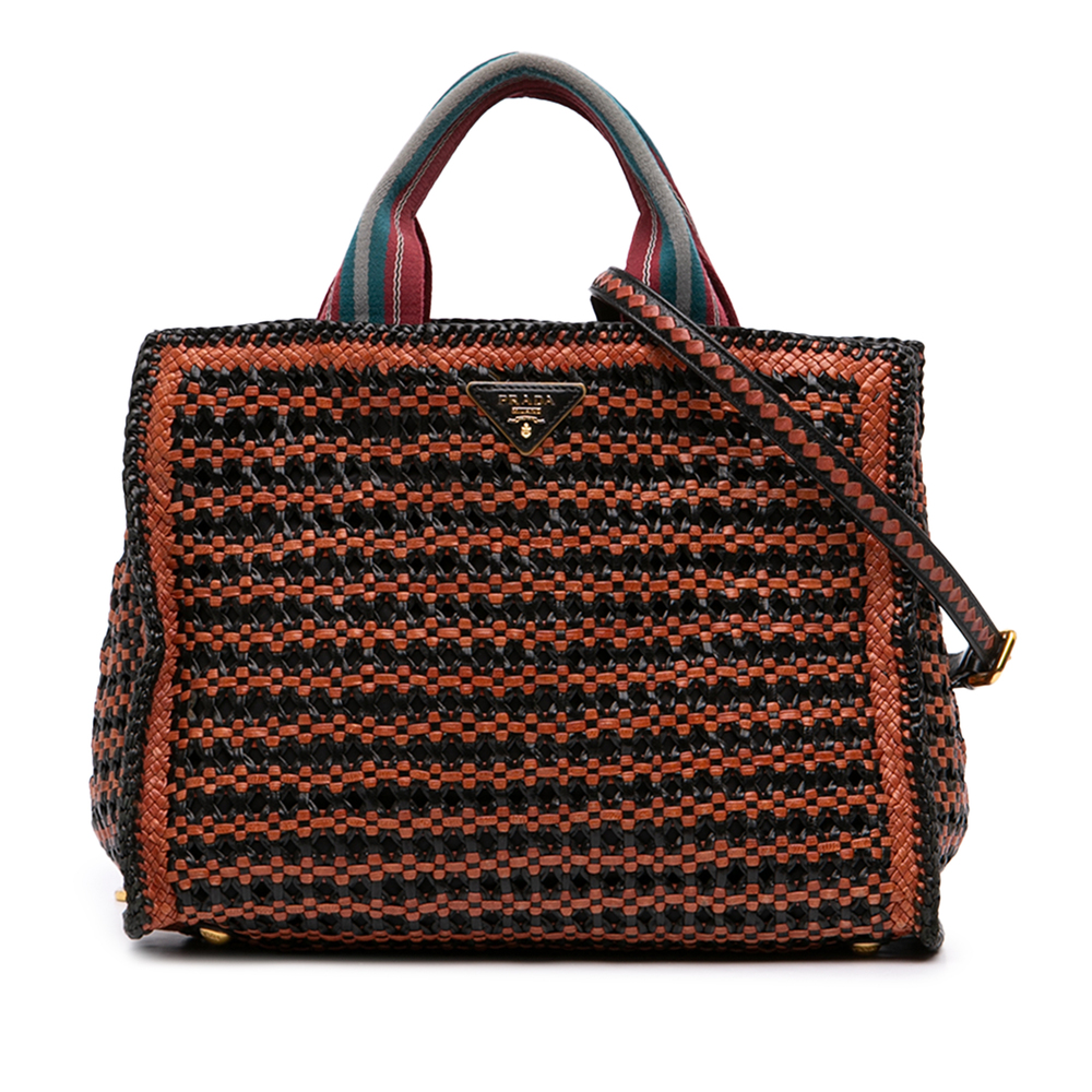 Pre-Loved Prada Small Bicolor Woven Goatskin Madras Satchel